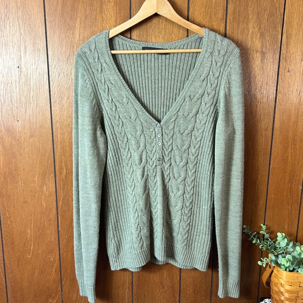 THE LIMITED Womens XL Cable Knit Henley Sweater Green Long Henley y2k